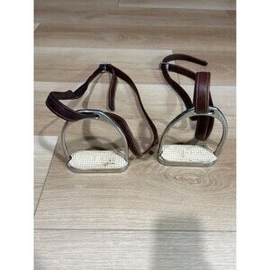 METALAB Stirrup Irons with Brown Leather Stirrup Leathers Equestrian Horse Tack